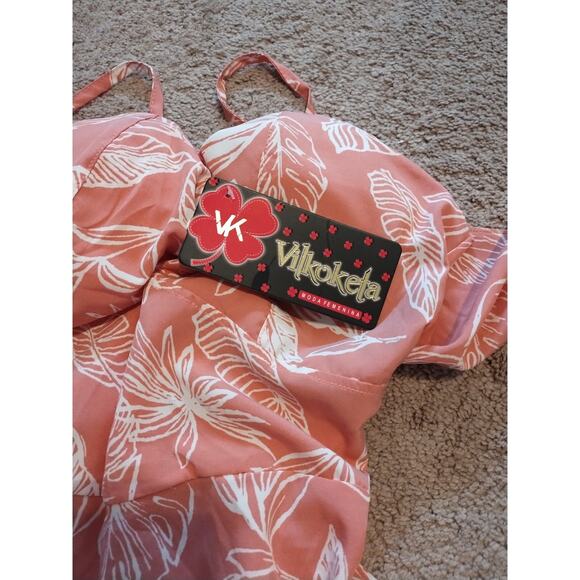 NWT Vilkoketa Front Knot Floral Women's Romper Tie & Elastic Back Pink White - Picture 8 of 8